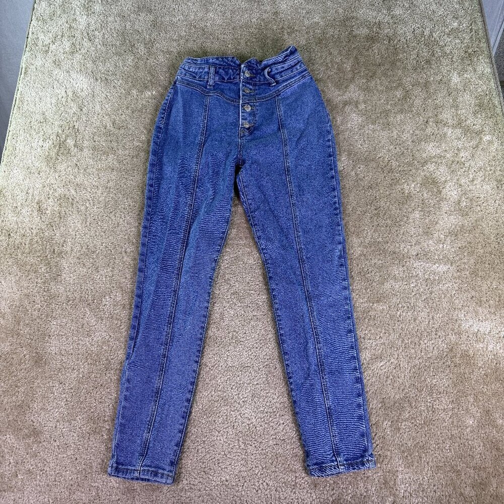 Forever 21 Womens Skinny Jeans Sz 27 Blue Denim Button Fly High Waisted F033